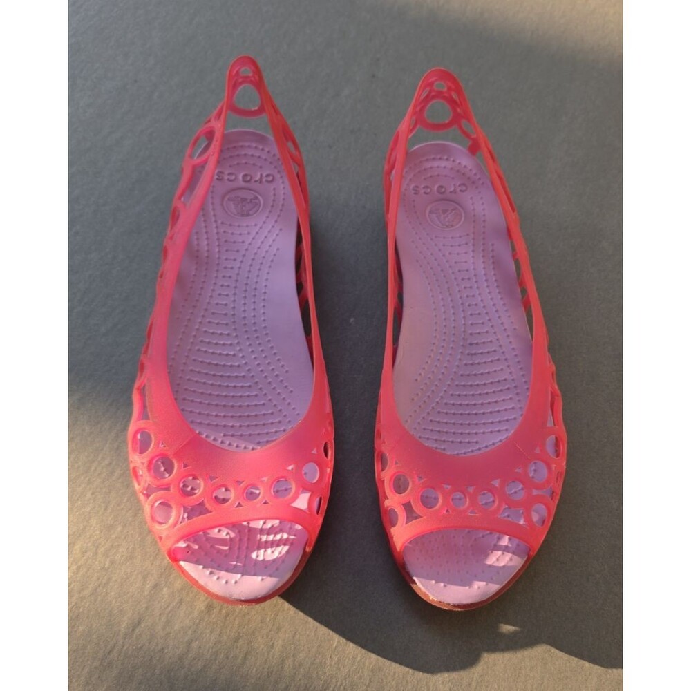 CROCS Womens Adrina Flats Size 10 Pink Slip On Sandals Shoes Cutouts Peep Toe